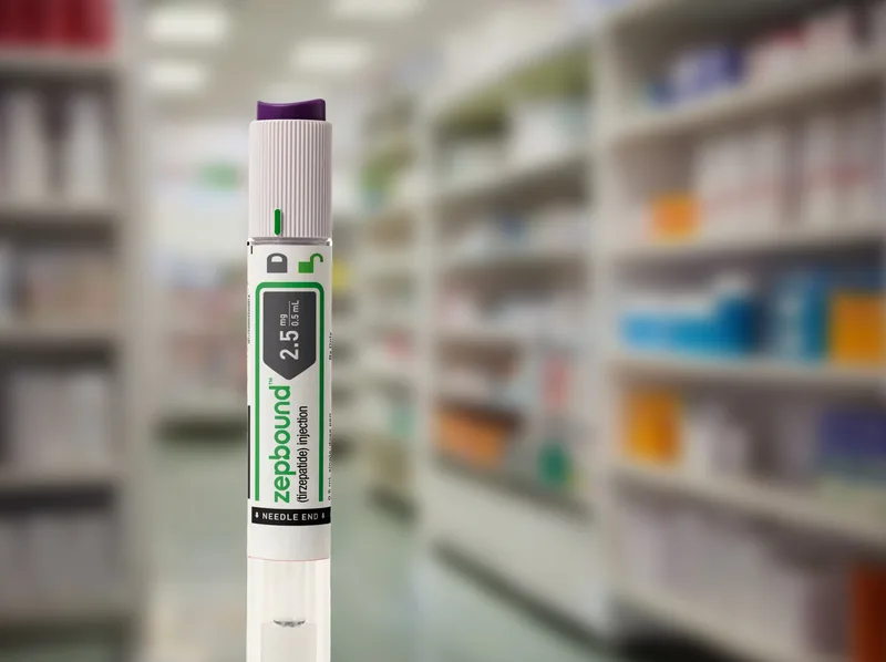 Boxes of Zepbound injection pens on a pharmacy shelf