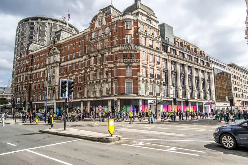 Harvey Nichols department store exterior at dusk